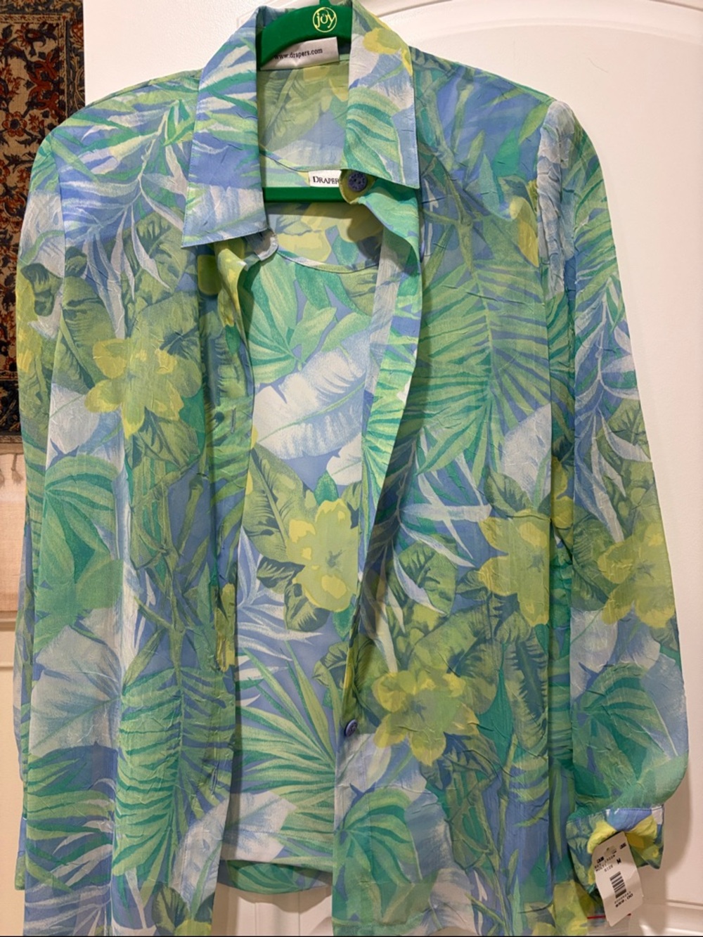 Draper’s & Damon’s Tropical Leaf & Floral Sheer Blouse in Green, Blue & Yellow M - Picture 2 of 15